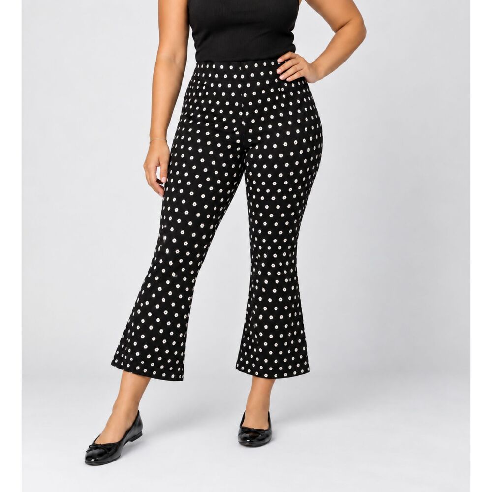Anthropologie Mikayla Cropped Flare Pants Black Daisy Floral Large Ponte Knit